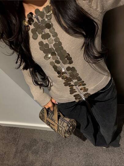 Glamine 女式纯色亮片装饰拉链长袖开衫