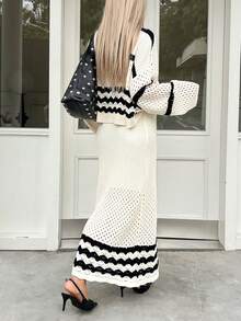 DAZY Women's Casual Contrast Striped Sweater And Skirt 2 Pieces Set, Autumn - Beige - View 2