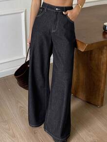 Livesso Quần Jeans Denim Rộng Rãi Thường Ngày Cho Nữ, Hàng Mới Về Mùa Hè - Màu xanh hải quân - Xem 6