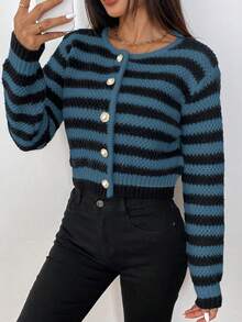 SHEIN PETITE Women's Casual Contrast Striped Cropped Cardigan - Blue - View 3