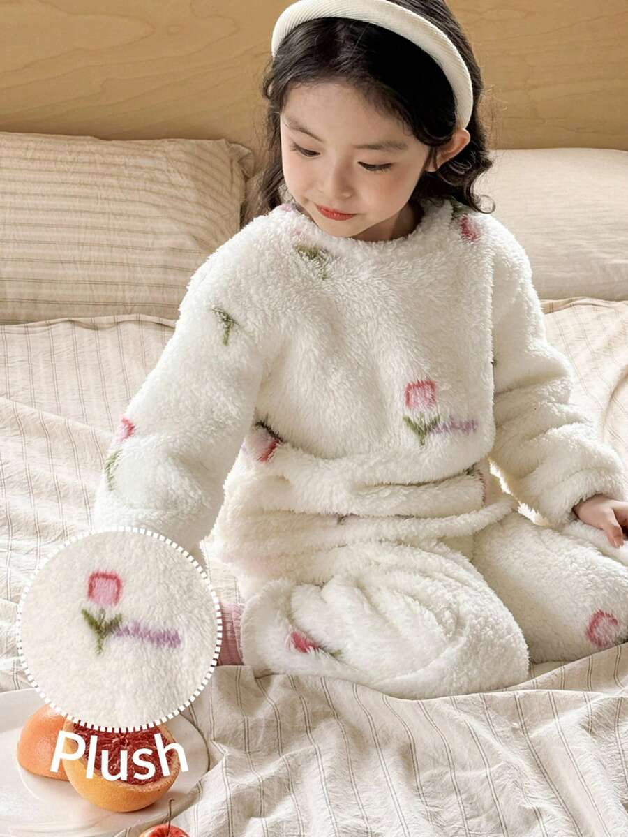 SHEIN 年轻女孩休闲碎花毛绒长袖上衣和裤子套装 - 白色 - 查看 1