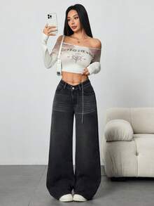 SHEIN ICON 休闲水洗V字低腰阔腿牛仔裤 - 黑色 - 查看 6
