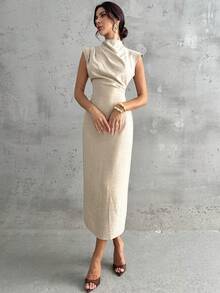 Firerie 女士优雅休闲日常通勤度假时尚新款中式立领垂袖束腰杏色长款连衣裙 - 杏色 - 查看 4