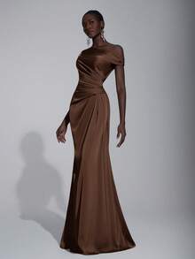 Elitara 优雅奢华缎面褶饰露肩美人鱼裙，适合婚礼、派对、度假、庆典、伴娘礼服 - 咖啡棕 - 查看 5