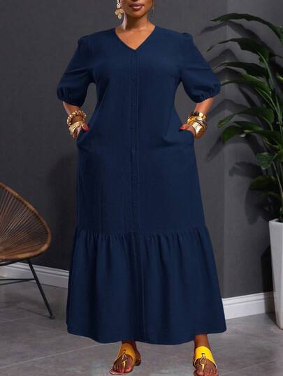 Slaydiva 2025 新款春夏大码女式复古西部度假/早午餐装，音乐节/俱乐部/公路旅行/度假/休闲/城市度假/毕业典礼，优雅女士度假连衣裙，宽松黄色纹理泡泡格纹 V 领泡泡袖 H 字形荷叶边下摆长裙