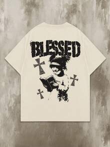 Manfinity EMRG Plus Size Men's Khaki/Beige Round Neck Short Sleeve T-Shirt With Faith And Little Girl Reading Bible Print, American Vintage, Streetwear Style, Casual, Summer