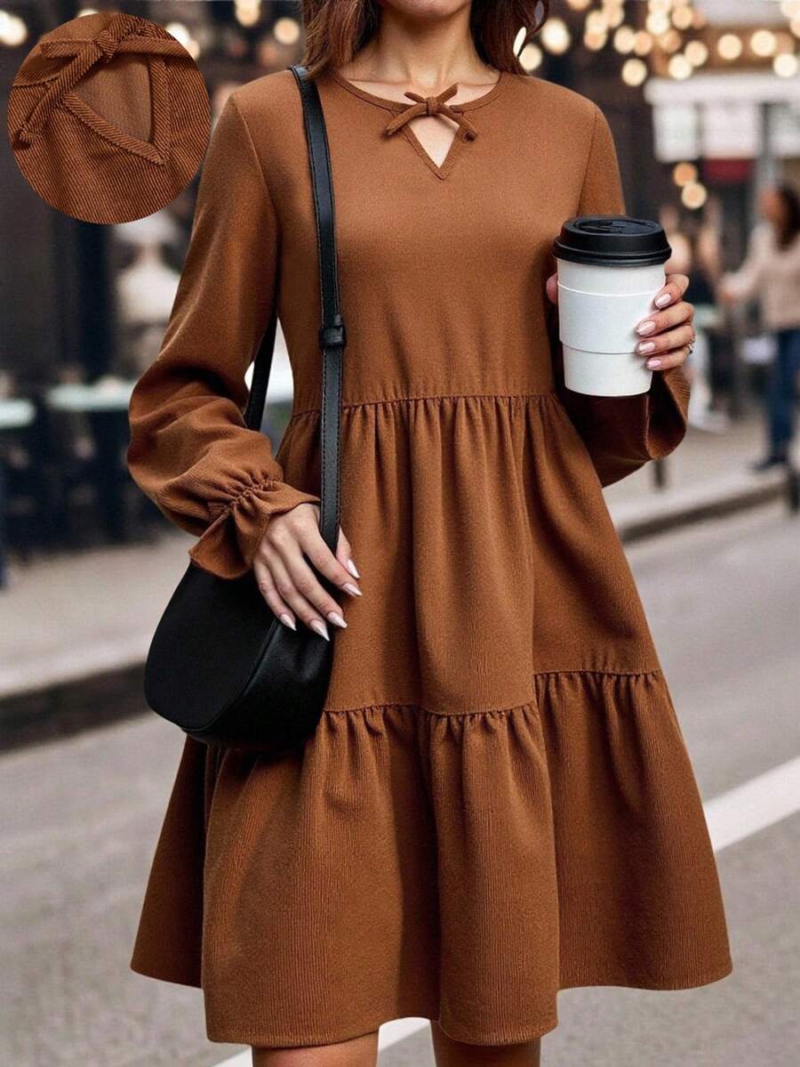 Women's Casual Solid Color Hollow Bow Decor Mid-Length Dress, Autumn Long Sleeve Brown Dress - Brown - View 1