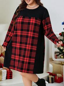 SHEIN CURVE+ Sukienka w kratę i patchwork w dużym rozmiarze, czerwona, casualowa, świąteczna sukienka dla kobiet - Wielokolorowe - Zobacz 1