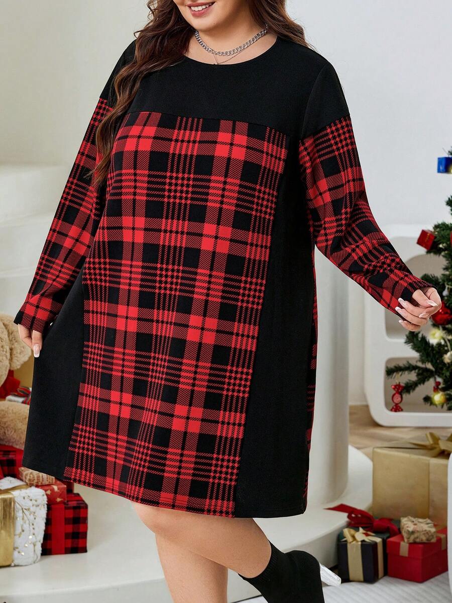 SHEIN CURVE+ Sukienka w kratę i patchwork w dużym rozmiarze, czerwona, casualowa, świąteczna sukienka dla kobiet - Wielokolorowe - Zobacz 1