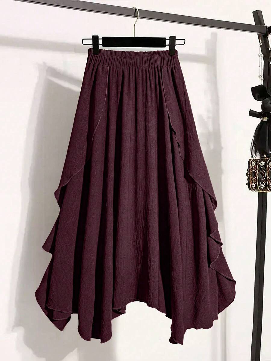 Linhara Plus Size Women Solid Color Elastic Waist Asymmetric Hem Casual Midi Skirt - Red Violet - View 1