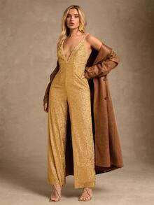 Glamine 女式深V领细肩带亮片性感阔腿连体裤