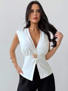 Firerie Áo thun trắng dáng rộng, thanh lịch, tối giản dành cho nữ, thích hợp mặc đi làm hàng ngày, có khóa kim loại, kiểu dáng mới, phù hợp với trang phục công sở mùa hè, trang phục công sở sành điệu cho nữ, áo mùa hè. - trắng - Xem 8