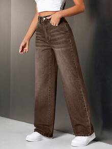 SHEIN Tall 女式高腰口袋阔腿宽松休闲牛仔裤 - 咖啡棕 - 查看 6