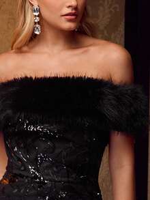 MOTF Soiréza SEQUIN EMBROIDERY FUZZY OFF SHOULDER PROM DRESS, PARTY - Black - View 3