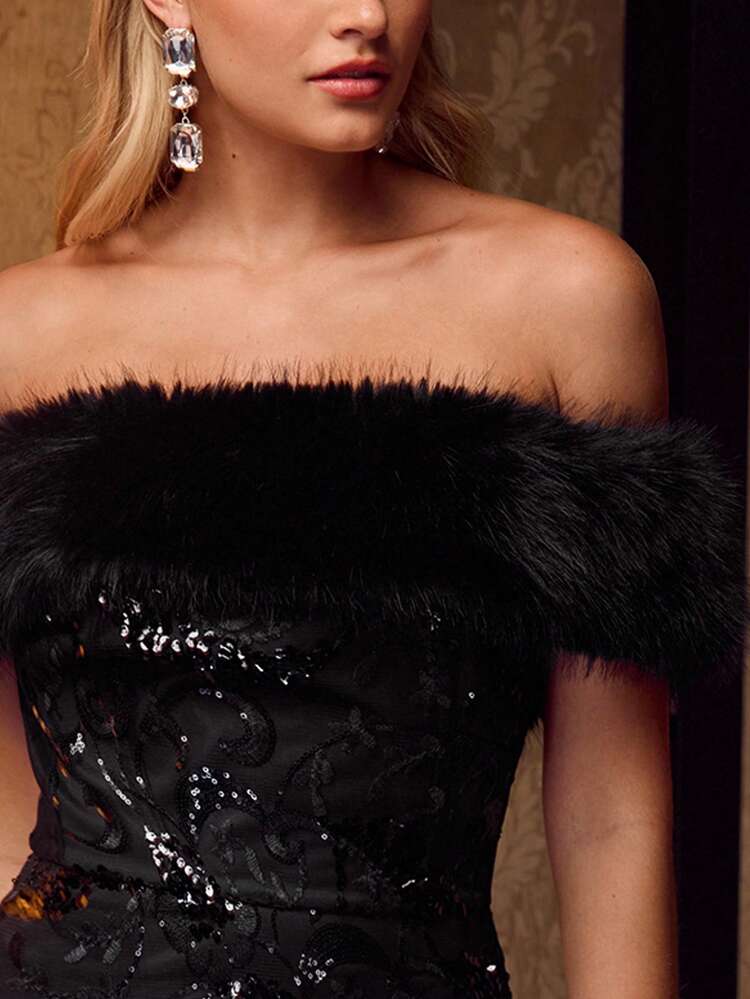 MOTF Soiréza SEQUIN EMBROIDERY FUZZY OFF SHOULDER PROM DRESS, PARTY