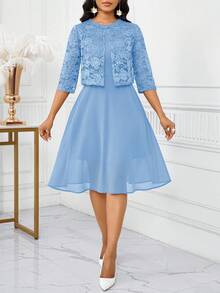 SHEIN Lady 2025 新款女士优雅蓝色纯色蕾丝无袖上衣和连衣裙两件套，夏季生日和活动礼服/办公室礼服/教堂礼服/婚礼礼服/节日礼服/，女士工作服优雅女装套装女式蓝色连衣裙套装优雅两件套连衣裙万圣节别致女式两件套秋季女士服装 - 藍色 - 查看 5