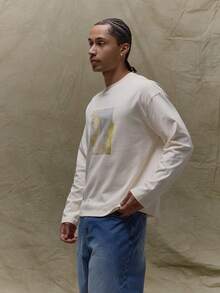 Musero Oversized Long Sleeve Front Box Graphic Print T-Shirt SPRING SUMMER Wardrobe - Apricot - View 4