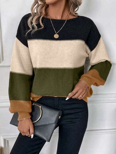 EMERY ROSE Women's Casual Colorblock Crew Neck Long Sleeve Loose Knit Sweater, Autumn/Winter