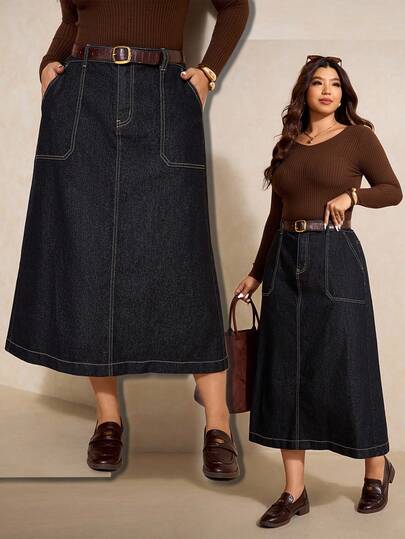 Elaquor Plus Size Dark Blue Denim Mini Skirt High Waist Midi Skirt Comfortable Elastic Waist With Pockets Autumn Casual Wear Western Skirt