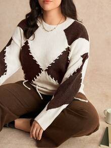 EMERY ROSE Plus Size Rhombus Color Block Lace-Up Design Crew Neck Long Sleeve Sweater, Comfortable Casual Commuter - Apricot - View 3