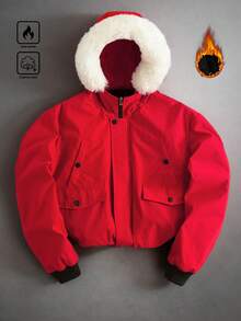 PAVTROS Men's Casual Zip-Up Fleece Trim Hooded Padded Coat, Autumn/Winter, Christmas - Red - View 2