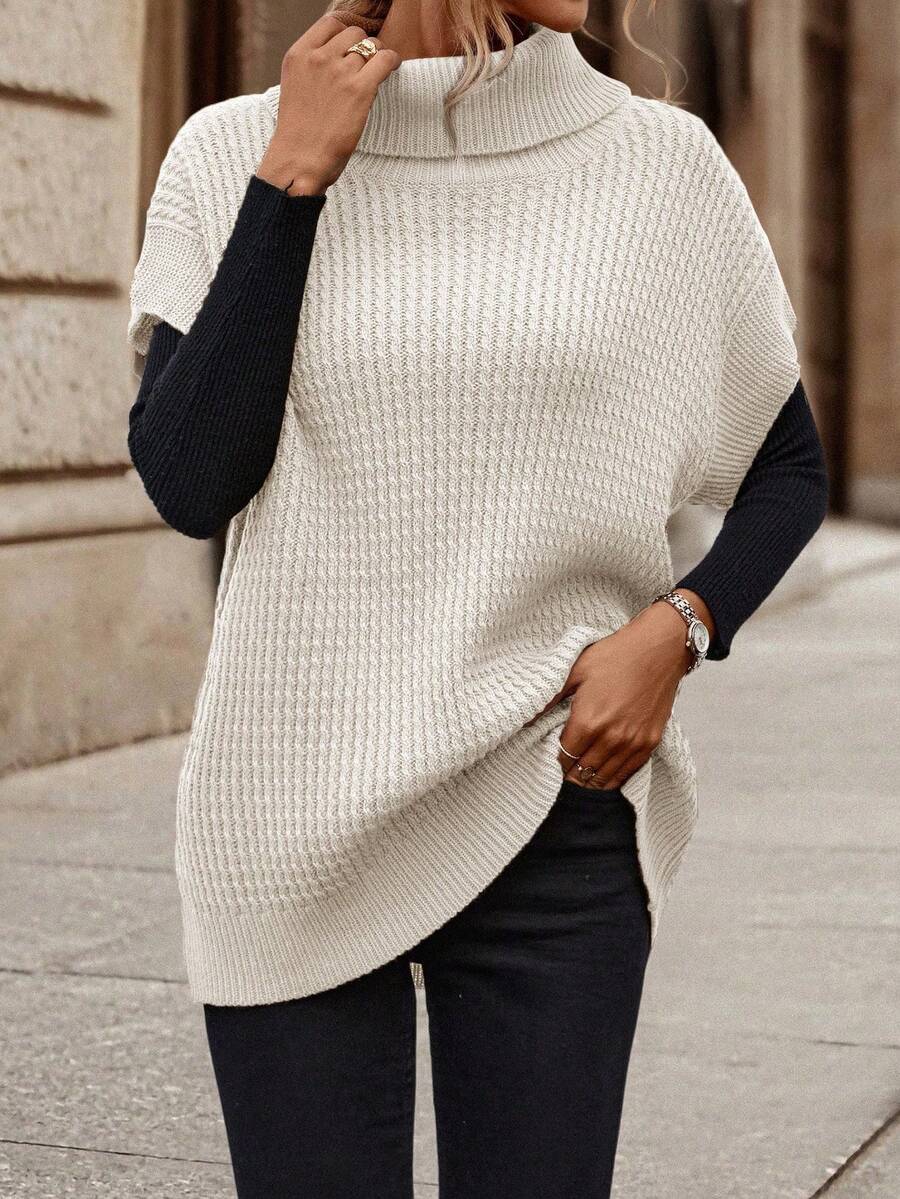 EMERY ROSE 女士休闲纯色高领针织背心，秋冬 - 米色 - 查看 1