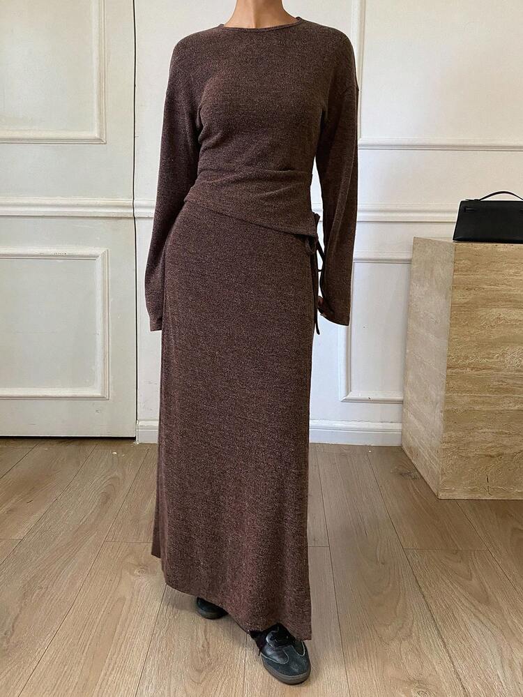 Women's Casual Round Neck Waist Top And Long Skirt 2 Pieces Set, Autumn