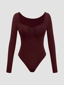 INAWLY Women's Fashionable Solid Color Long Sleeve Bodysuit, Autumn - Burgundy - View 3