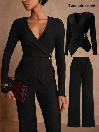 SHEIN Veneréa Women's Casual Commuter Waist Textured Knit Set, Autumn/Winter