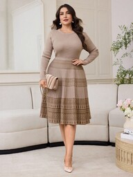 Modelyn Plus Size Women Crew Neck Long Sleeve Geometric Pattern Elegant Knitted Dress Autumn Winter Clothes For Women