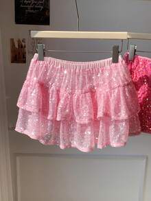 Comfortcana Váy xếp tầng thời trang đính sequin, cạp chun co giãn dành cho nữ. - Hồng - Xem 2