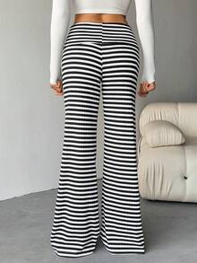 SHEIN Tall Quần thể thao cạp gấp, quần ống loe kẻ sọc thường ngày cho nữ - Đen và trắng - Xem 3