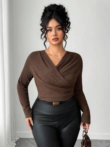 Dazy Plus V-Neck Ribbed Tight Fitted Long Sleeve Plus Size Women Cropped T-Shirt, Spring/Autumn - Brown - View 1