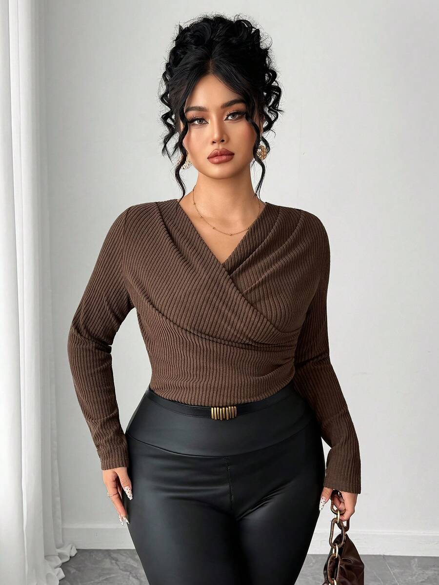 Dazy Plus V-Neck Ribbed Tight Fitted Long Sleeve Plus Size Women Cropped T-Shirt, Spring/Autumn - Brown - View 1