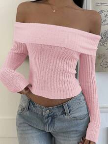 SHEIN EZwear Áo len trễ vai trơn màu thường ngày dành cho nữ, mùa thu - Hồng - Xem 4