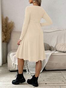 SHEIN Maternity Solid Ribbed Collar Button Front Long Sleeve Dress, Spring/Autumn - Apricot - View 2