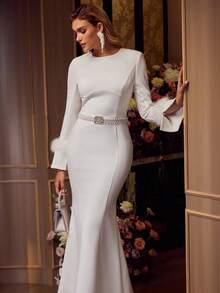 MOTF Soiréza CONTRAST FUZZY TRIM BIAS CUT PROM DRESS, PARTY - White - View 6