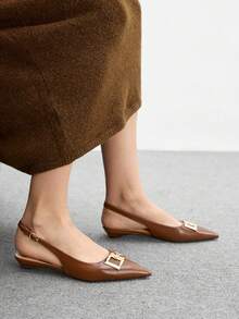 CUCCOO BIZCHIC Women's New Square Buckle Pointed Toe Low Heel Flat Heel Quirky Heel Commuter Style Versatile Comfortable Brown Ladies Flat Slip-On Shoes For Work Outfit - Brown - View 5
