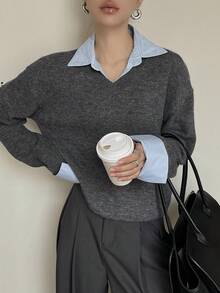 DAZY 女款休閒撞色拼接領毛衣，秋季校園風 - 灰色 - 查看 3