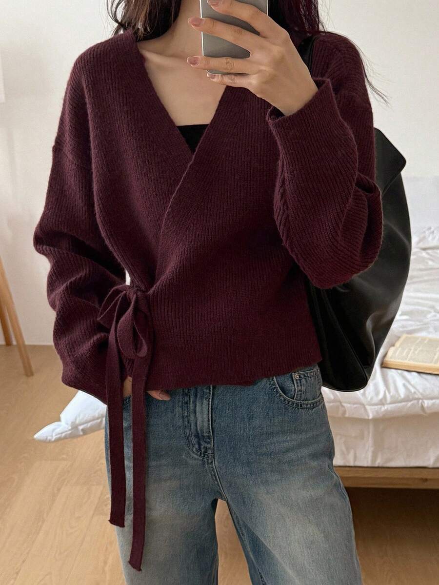 DAZY Damen Einfarbiger Cardigan mit Überwurf-Ärmel, Langarm und Krawattenknoten