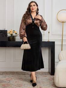 Modelyn Gaun Vintage Ukuran Besar dengan Motif Patchwork Elegan dan Pas Badan, Musim Gugur/Dingin - Hitam - View 4