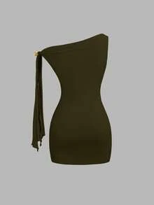 Sweetra 性感黑色裹身裙，不对称荷叶边袖，合身腰部和紧身廓形，优雅的法式风格 - 軍綠色 - 查看 2