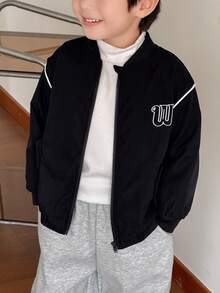 SHEIN Little Byeori Young Boy Casual Letter Embroidered Front Zip Baseball Jacket - Black - View 6