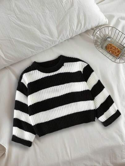 SHEIN 女婴休闲条纹拼色针织毛衣，长袖，秋冬