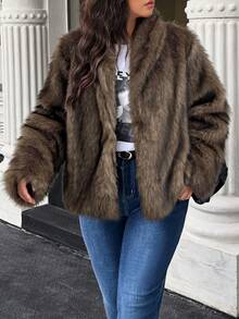 Easura Plus Size Vintage Fuzzy Jacket, Winter Fashion - Brown - View 4