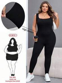 SHEIN CURVE+ Damen Jumpsuit in Große Größen, schwarz, ärmelos, rückenausschnitt, figurbetonend - Schwarz - Übersicht 9