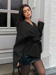SHEIN EZwear Plus Size Solid Color Lace-Up Slim Casual Woolen Coat Black Wrap Jacket Winter Fall Autumn - Black - View 7