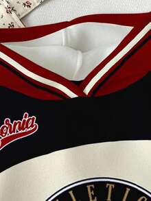 SHEIN 女童休闲复古字母和数字徽章图案宽松圆领舒适针织长袖运动衫，适合秋冬季 - 彩色 - 查看 4