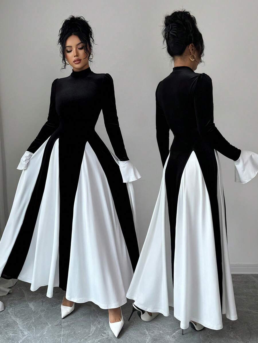 SHEIN Elenzya 女士优雅天鹅绒长裙,标准尺码,秋冬 - 黑色 - 查看 1