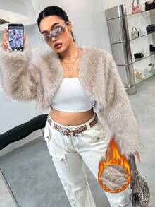 SHEIN X Phaith Montoya SHEIN EZwear Plus Size Women's Solid Long Sleeve Open Front Faux Fur Coat Faux Fur Shrug/Winter Fur Jacket